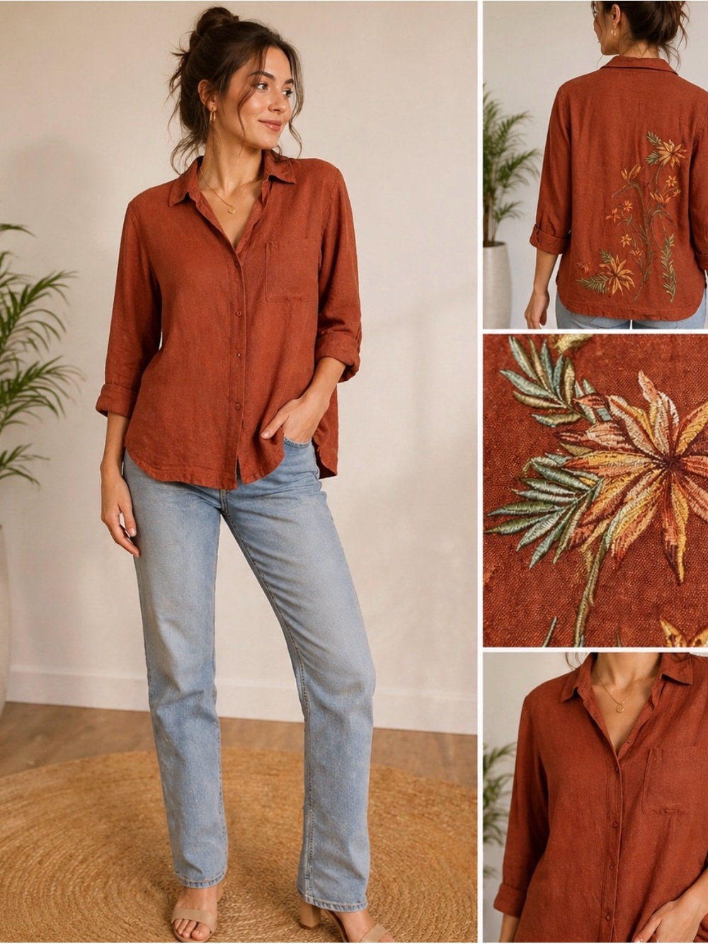 Koret Rust Color Linen Blend Button Up Embroidered Shirt Beach Vacation Size M